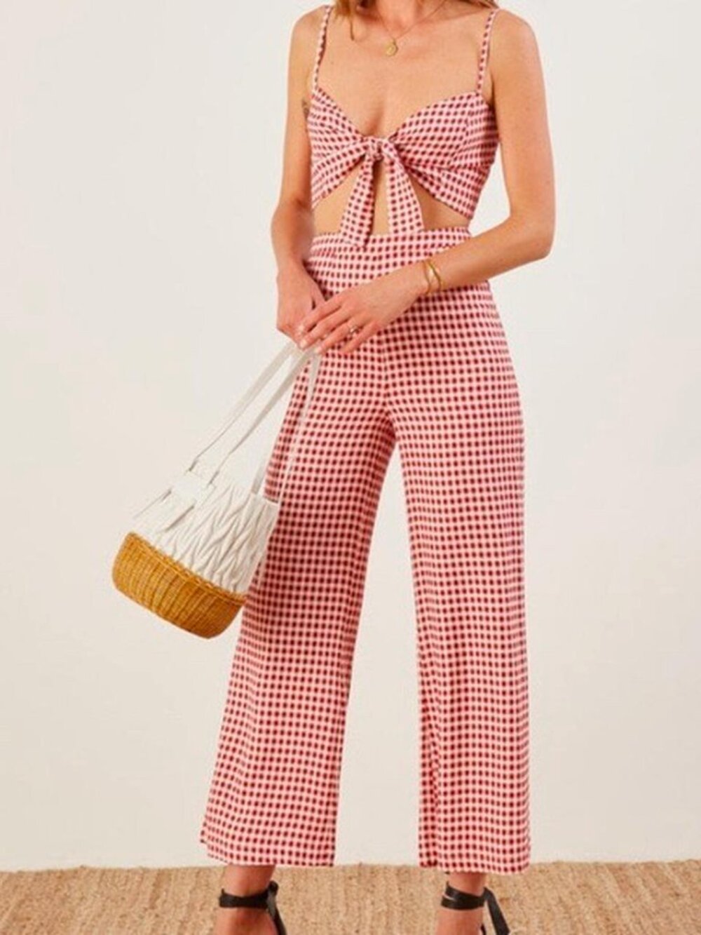 REFORMATION Red Gingham Two Piece Set Tie Top & Pants Size 4 SMALL